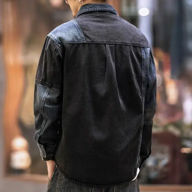 格蓝鹿 美式复古拼接宽松大码牛仔长袖衬衫 男款
