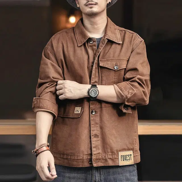 格蓝鹿 美式复古工装纯色长袖夹克外套 男款