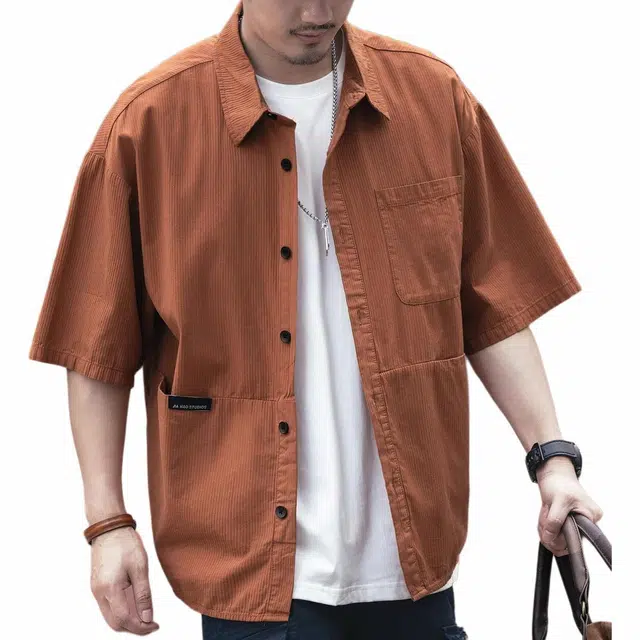 格蓝鹿 宽松休闲水洗纯色美式落肩短袖衬衫 男款
