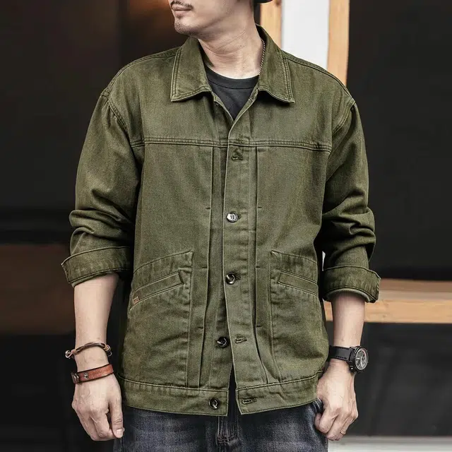格蓝鹿 美式简约时尚复古宽松长袖牛仔外套 男款 军绿