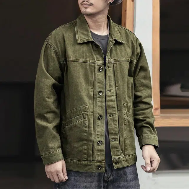 格蓝鹿 美式简约时尚复古宽松长袖牛仔外套 男款 军绿