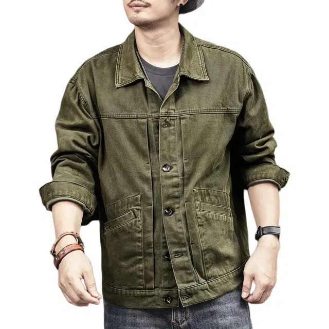 格蓝鹿 美式简约时尚复古宽松长袖牛仔外套 男款 军绿