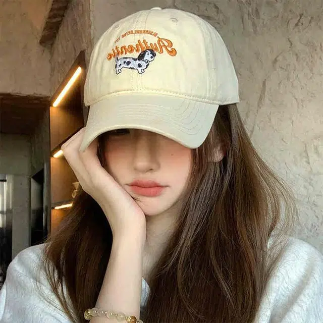 雅鹿 可爱卡通小狗刺绣字母 户外出行防晒遮阳时尚百搭大头显脸小 棉 鸭舌帽 男女同款情侣款