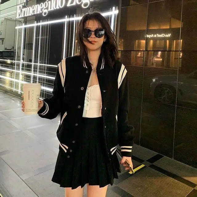费尔岛上的猫  美式高街复古拼接拉链休闲宽松户外重磅落肩宽松长袖棒球服 男女同款