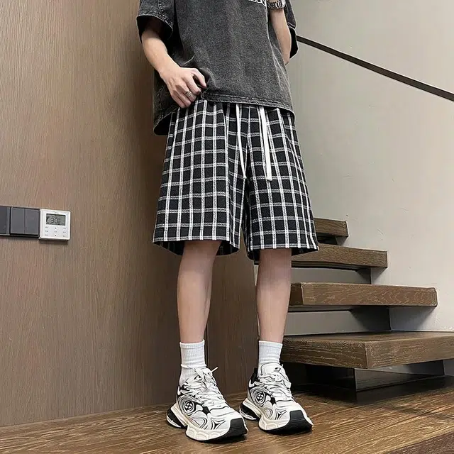 奇迹街区 美式复古格子印花宽松百搭简约户外运动潮流透气休闲短裤 男女同款