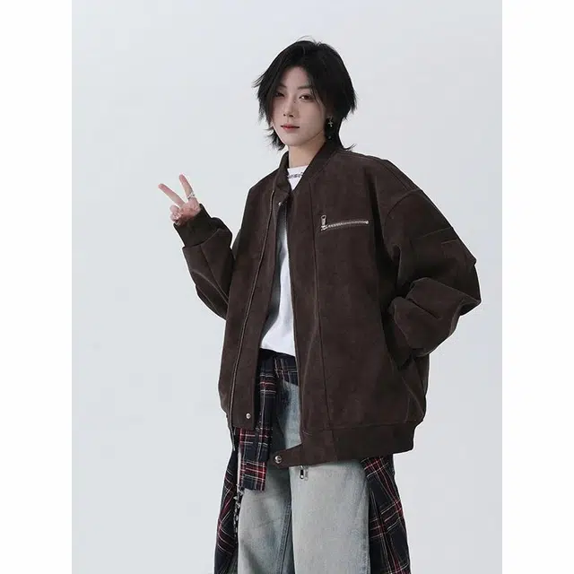 颂希尔 美式复古潮流高街宽松机车服飞行员休闲长袖夹克外套 男女同款