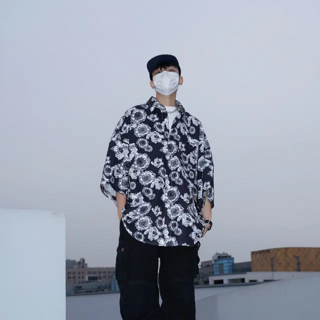 宾力克 慵懒感休闲宽松舒适透气薄款上衣沙滩短袖衬衫 男女同款