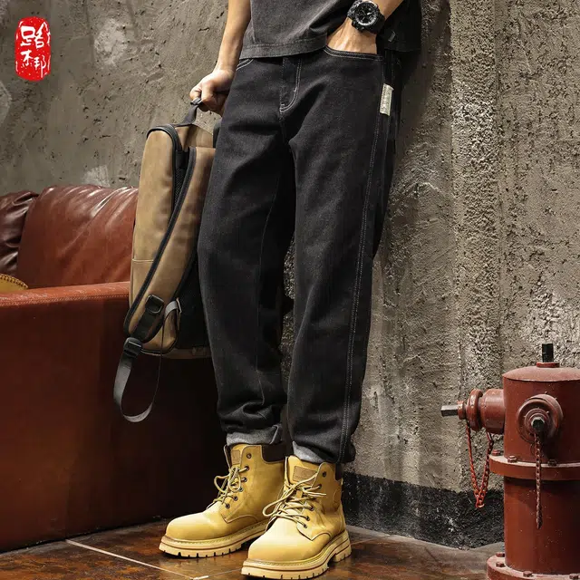 路杰邦 宽松纯色直筒复古百搭潮牌牛仔裤 男款 黑色