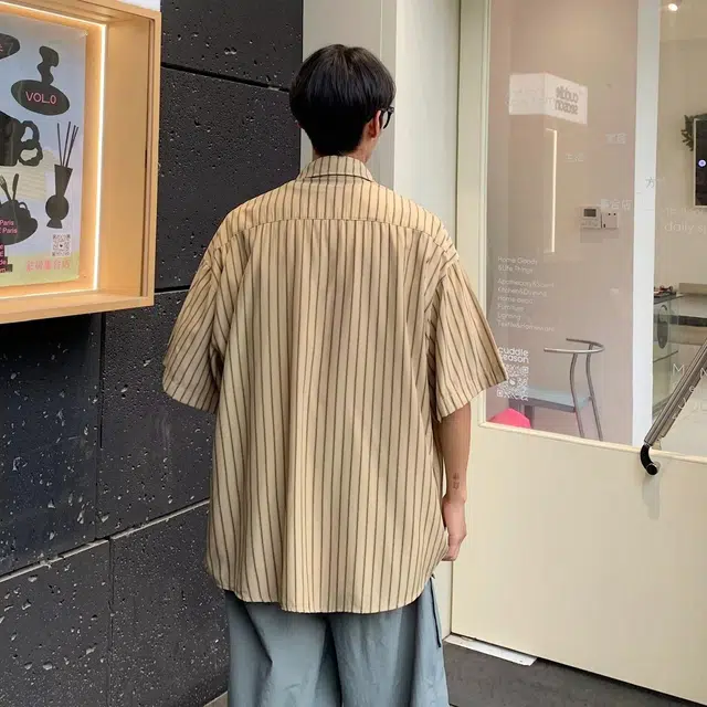 物质公式 日系复古条纹口袋翻领无休闲宽松透气基础款时尚百搭小衫短袖衬衫 男女同款
