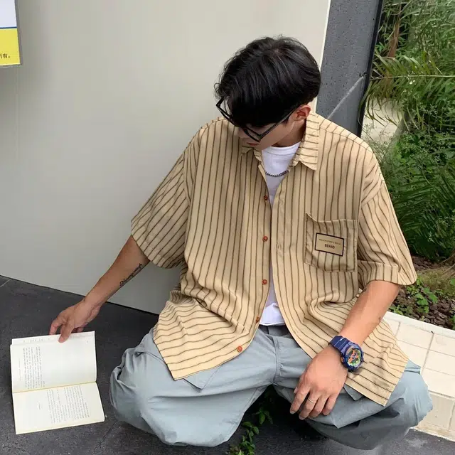 物质公式 日系复古条纹口袋翻领无休闲宽松透气基础款时尚百搭小衫短袖衬衫 男女同款