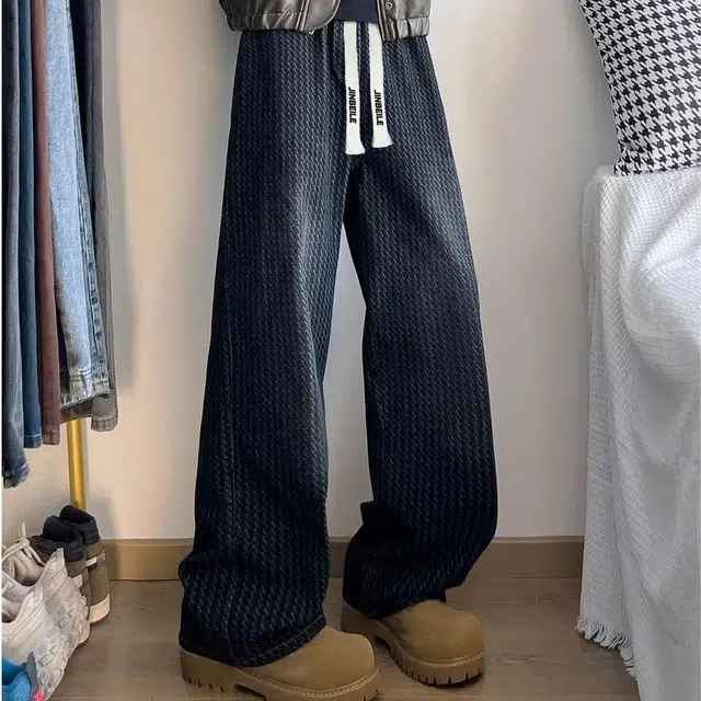 金贝勒 美式高街复古水洗做旧格纹设计宽松休闲舒适百搭磨白渐变时尚潮流直筒中腰系带无性别主义牛仔裤 男女同款