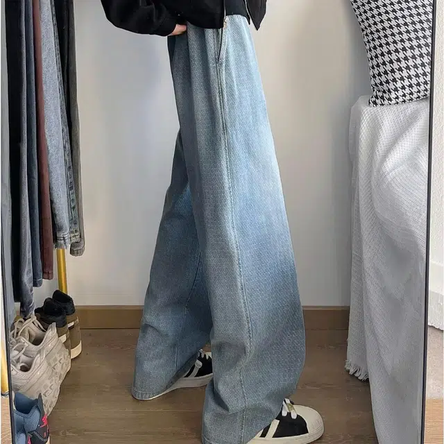 金贝勒 美式高街复古水洗做旧格纹设计宽松休闲舒适百搭磨白渐变时尚潮流直筒中腰系带无性别主义牛仔裤 男女同款
