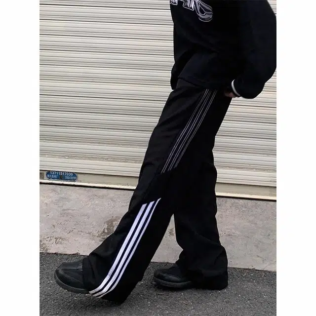 物质公式 美式高街嘻哈轻薄透气斜切拼接三条杠撞色系带简约舒适垂坠感阔腿宽松纯色通风百搭速干凉感通勤运动直筒休闲裤 男女同款 黑色