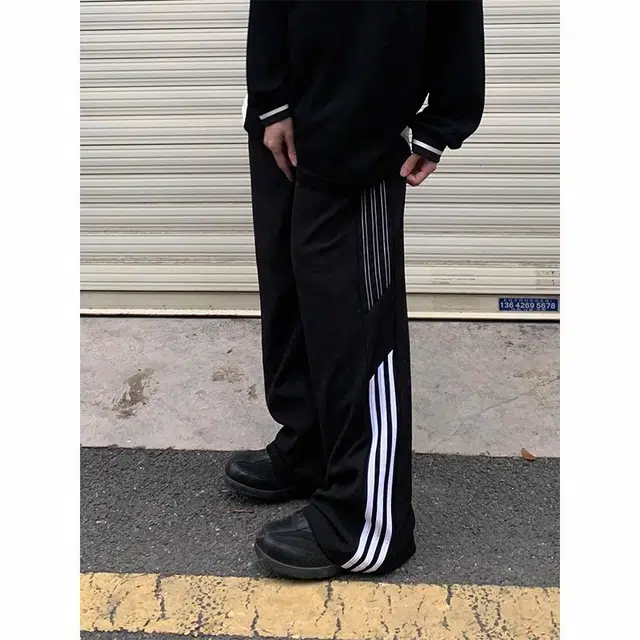 物质公式 美式高街嘻哈轻薄透气斜切拼接三条杠撞色系带简约舒适垂坠感阔腿宽松纯色通风百搭速干凉感通勤运动直筒休闲裤 男女同款 黑色