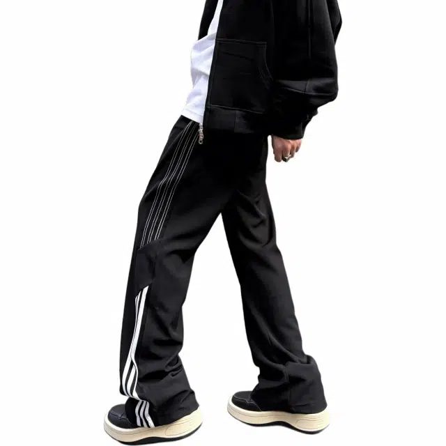 物质公式 美式高街嘻哈轻薄透气斜切拼接三条杠撞色系带简约舒适垂坠感阔腿宽松纯色通风百搭速干凉感通勤运动直筒休闲裤 男女同款 黑色