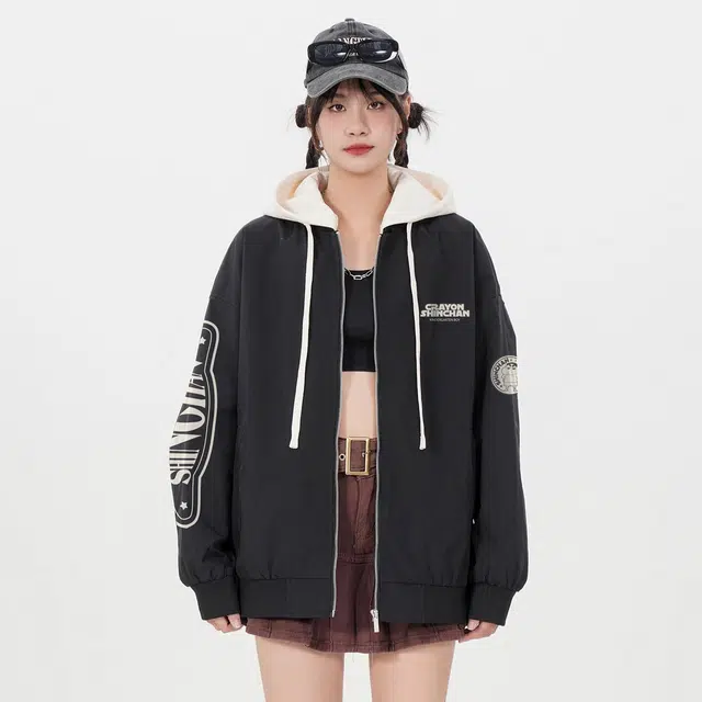 蜡笔小新 撞色卡通小新字母印花休闲可拆卸连帽拉链宽松夹克外套 男女同款