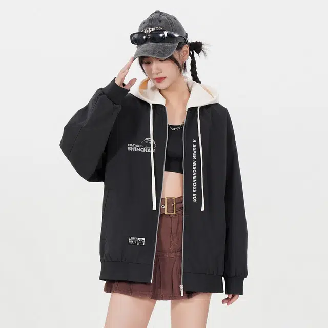 蜡笔小新 卡通字母印花加厚休闲宽松连帽棉服外套 男女同款