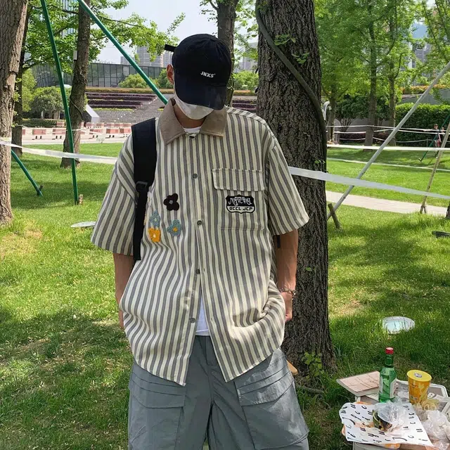 物质公式 日系复古潮流文艺风植物花卉字母刺绣印花学院风无性别主义宽松休闲透气翻领单排扣口袋衬衫 男女同款