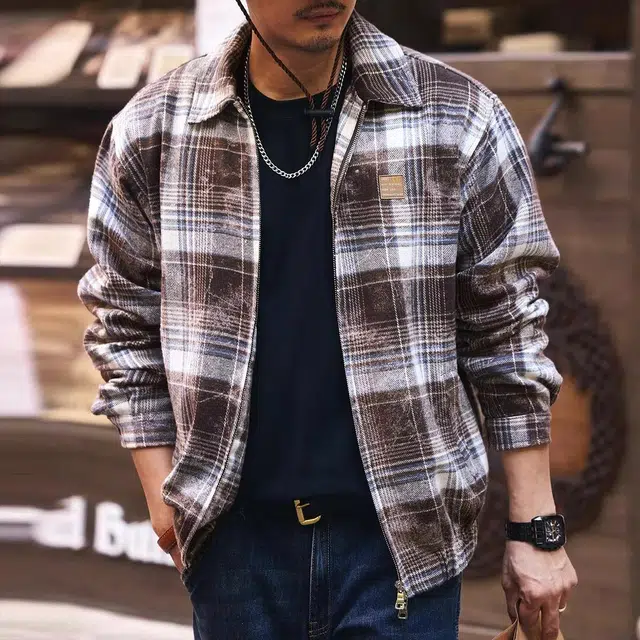格蓝鹿 主题系列 美式水墨晕染复古格子夹克外套 男款