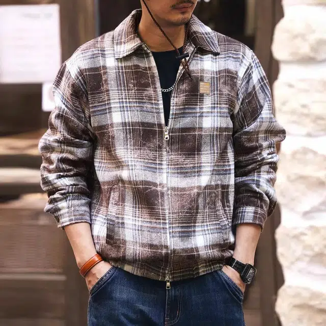 格蓝鹿 主题系列 美式水墨晕染复古格子夹克外套 男款