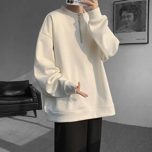 快鱼 简约纯色半拉链圆领套头打底衫无性别日常基础款时尚潮牌百搭休闲长袖卫衣 男女同款