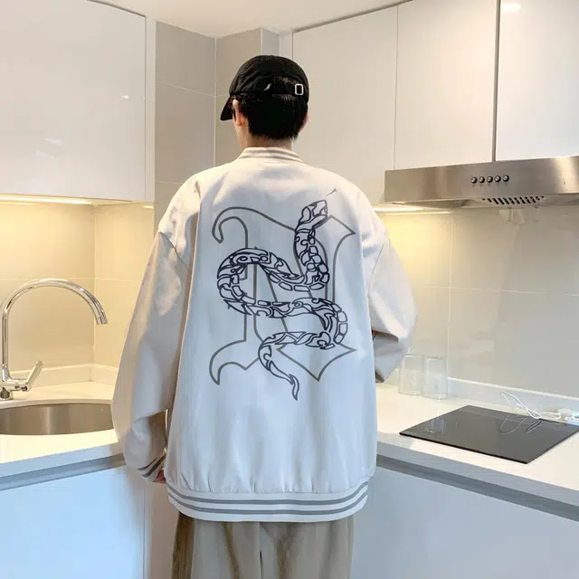 宜而爽  美式高街百搭户外嘻哈简约拼接积木蛇图案字母印花宽松休闲舒适单排扣落肩袖外套棒球服 男女同款