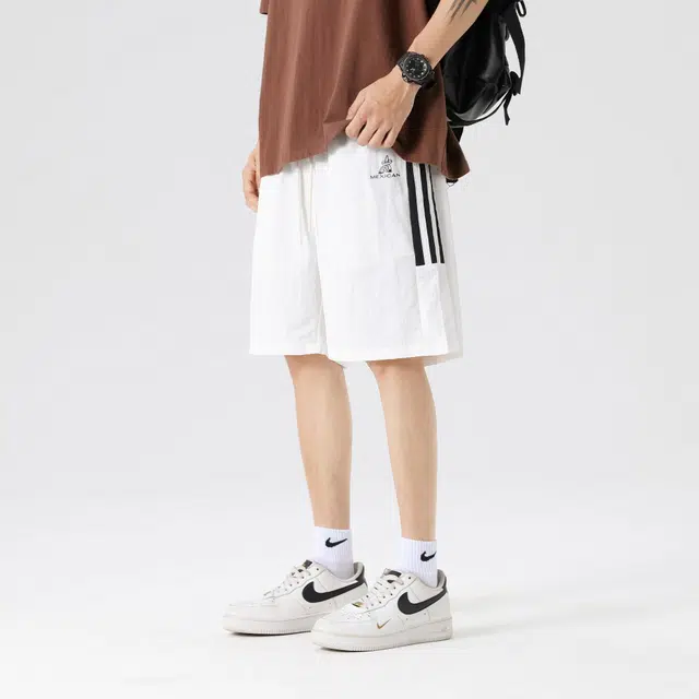 稻草人 美式复古条纹拼接撞色宽松休闲舒适透气速干百搭五分裤户外运动篮球系带松紧冰丝感休闲短裤 男女同款