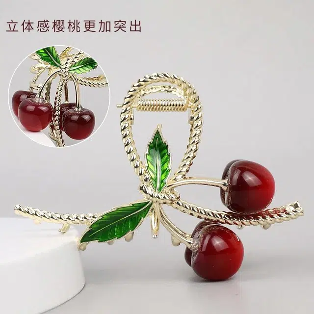 彤彤兔 可爱樱桃抓夹半扎发时尚百搭后脑勺金属麻花简约设计感发饰 合金 发夹 女款