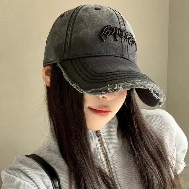 【通勤百搭 破洞刺绣字母】 攸委 美式街头复古 宽帽檐大头围显脸小时尚水洗做旧软顶遮阳 棉 鸭舌帽 男女同款情侣款
