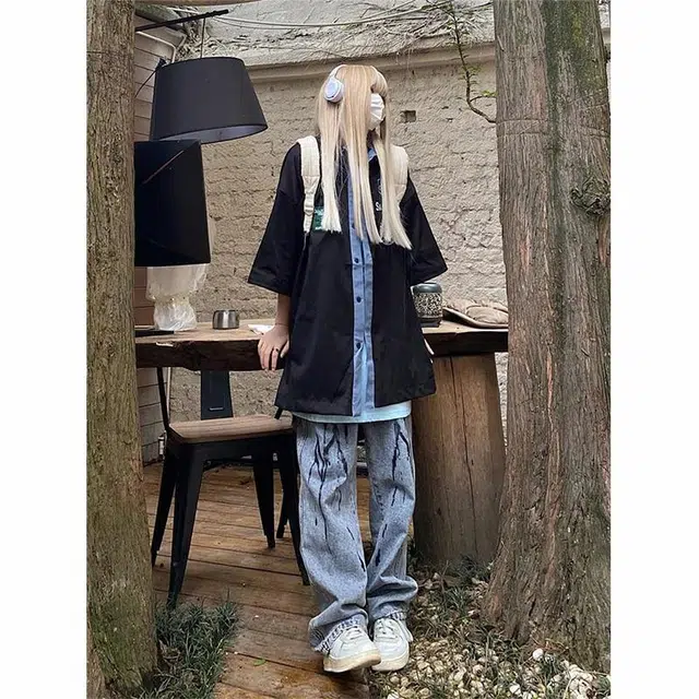 物质公式 美式复古高街潮牌徽章刺绣撞色薄款街头嘻哈痞帅半袖上衣宽松百搭舒适透气简约潮流长袖衬衫 男女同款