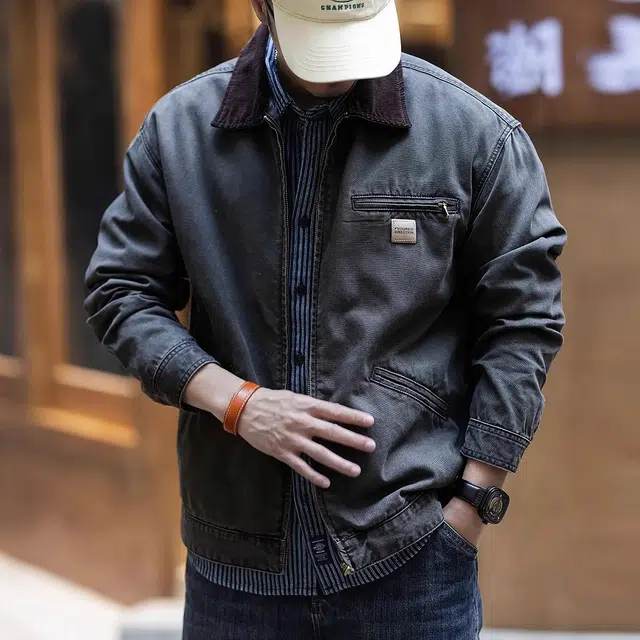格蓝鹿 美式复古重磅工装潮牌休闲夹克外套 男款 灰色