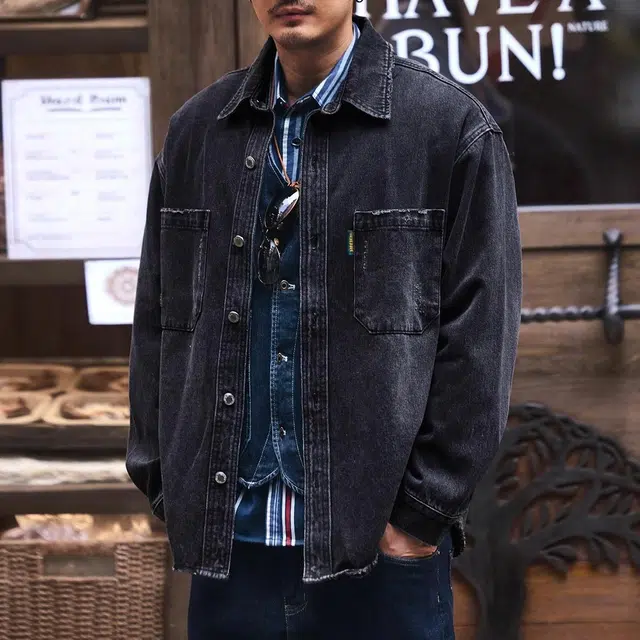 格蓝鹿 翻领纯色长袖牛仔外套 男款 蓝色