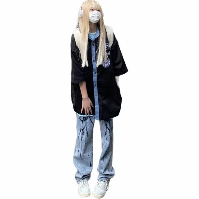 物质公式 美式复古高街潮牌徽章刺绣撞色薄款街头嘻哈痞帅半袖上衣宽松百搭舒适透气简约潮流长袖衬衫 男女同款