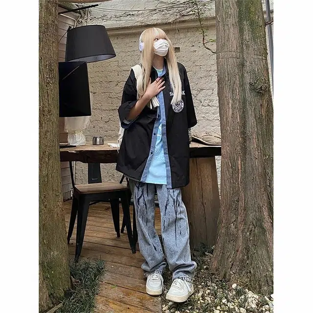 物质公式 美式复古高街潮牌徽章刺绣撞色薄款街头嘻哈痞帅半袖上衣宽松百搭舒适透气简约潮流长袖衬衫 男女同款