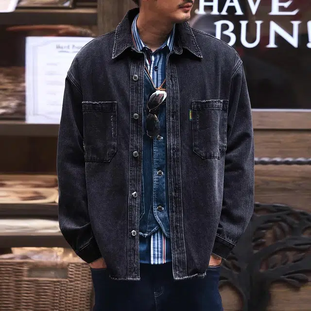 格蓝鹿 翻领纯色长袖牛仔外套 男款 蓝色
