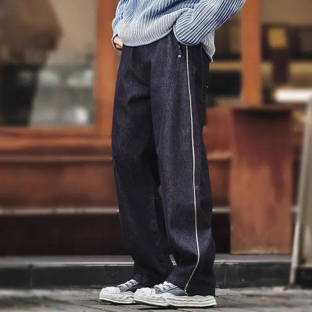 格蓝鹿 时尚休闲设计感复古宽松直筒阔腿牛仔裤 男款 深蓝