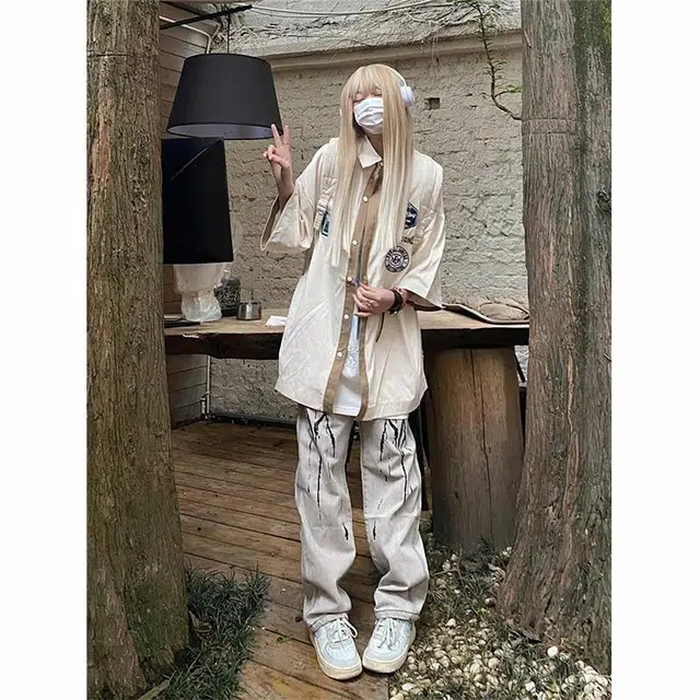 物质公式 美式复古高街潮牌徽章刺绣撞色薄款街头嘻哈痞帅半袖上衣宽松百搭舒适透气简约潮流长袖衬衫 男女同款