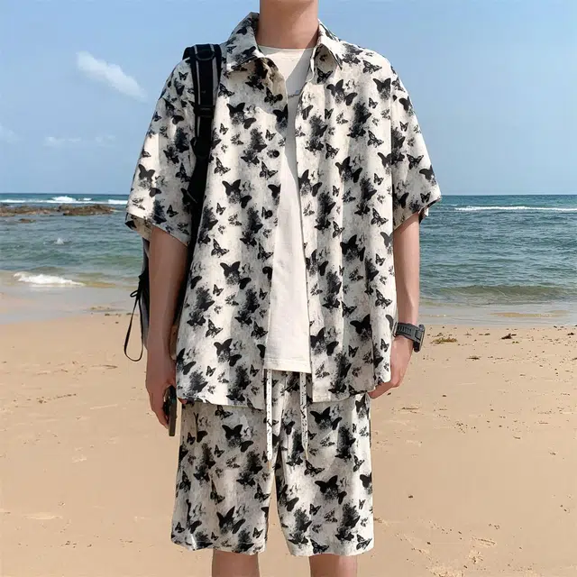 人本 垂感蝴蝶印花休闲潮流短裤大码舒适短袖衬衫套装 男款