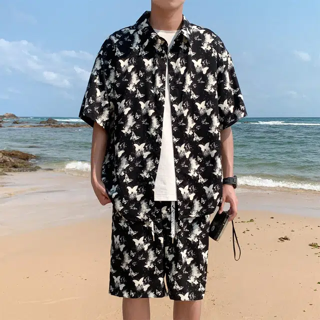 人本 垂感蝴蝶印花休闲潮流短裤大码舒适短袖衬衫套装 男款