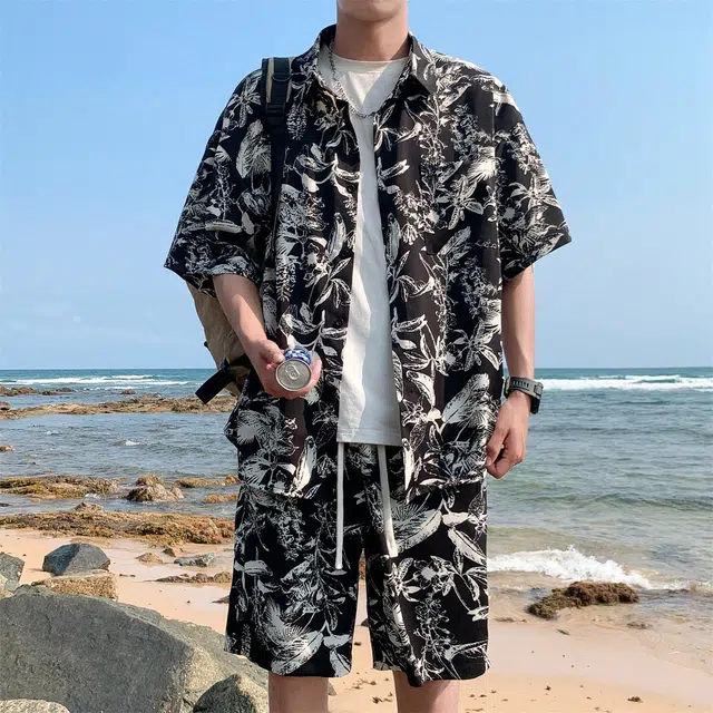 人本 垂感花衬衣沙滩潮流上衣夏威夷短袖衬衫 男女同款