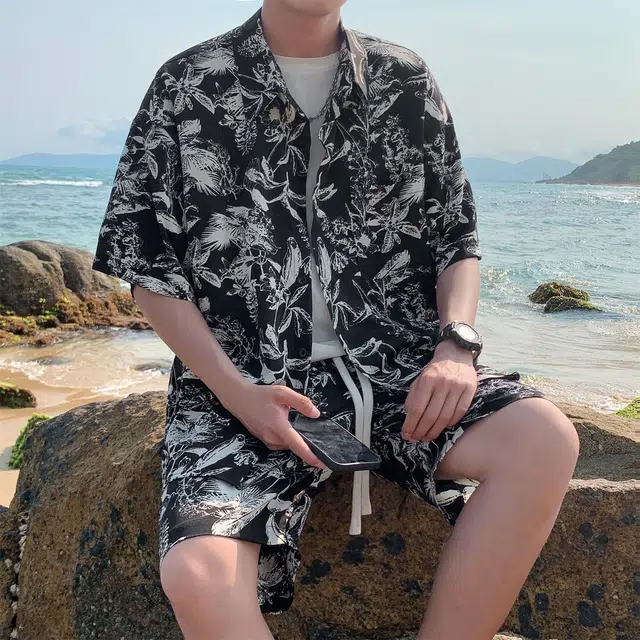 人本 垂感花衬衣沙滩潮流上衣夏威夷短袖衬衫 男女同款