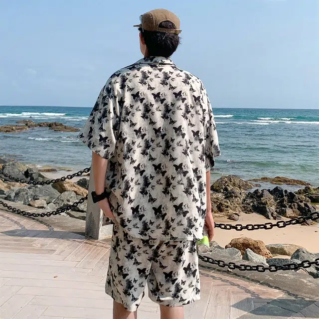 人本 垂感蝴蝶印花休闲潮流短裤大码舒适短袖衬衫套装 男款