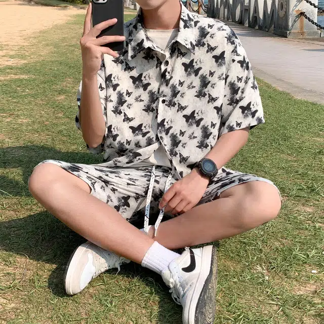 人本 垂感蝴蝶印花休闲潮流短裤大码舒适短袖衬衫套装 男款