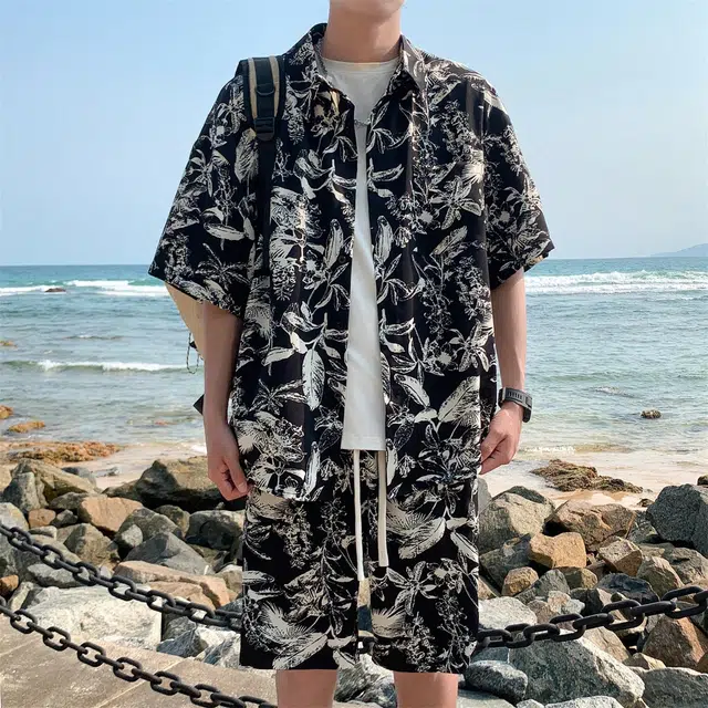 人本 垂感花衬衣沙滩潮流上衣夏威夷短袖衬衫 男女同款