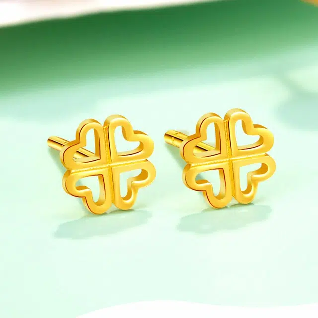 老庙 森系小清新系列爱心幸运四叶草养耳洞耳饰 足金 按克计价 黄金耳钉 女款