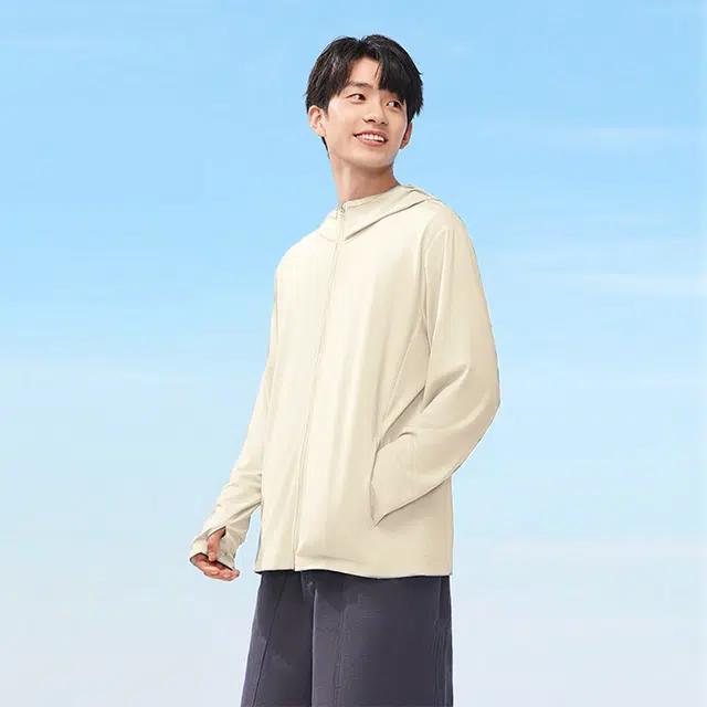 棉致 纯色简约防紫外线冰丝速干凉感透气连帽长袖防晒服 男女同款