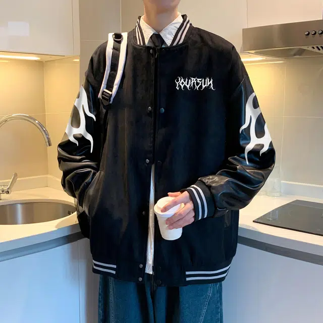 宜而爽  美式高街复古简约拼色创意恶魔翅膀图案字母印花宽松休闲日常通勤舒适单排扣落肩袖棒球服 男女同款