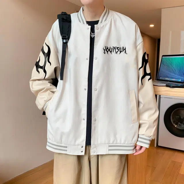 宜而爽  美式高街复古简约拼色创意恶魔翅膀图案字母印花宽松休闲日常通勤舒适单排扣落肩袖棒球服 男女同款