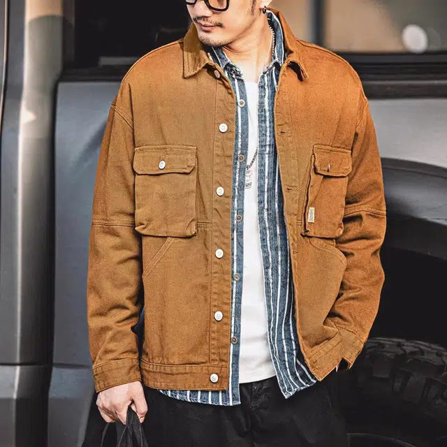 格蓝鹿 美式复古工装单排扣牛仔外套 男款 黄色