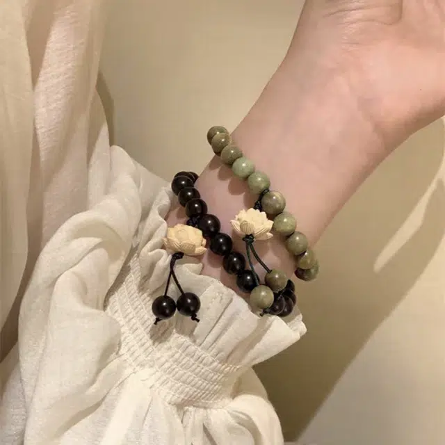 郁馨 莲花单圈盘玩佛珠禅意手饰文艺小清新 简约百搭典雅民族风小众设计感 考神附体#好运 绿檀 手串 男女同款情侣款